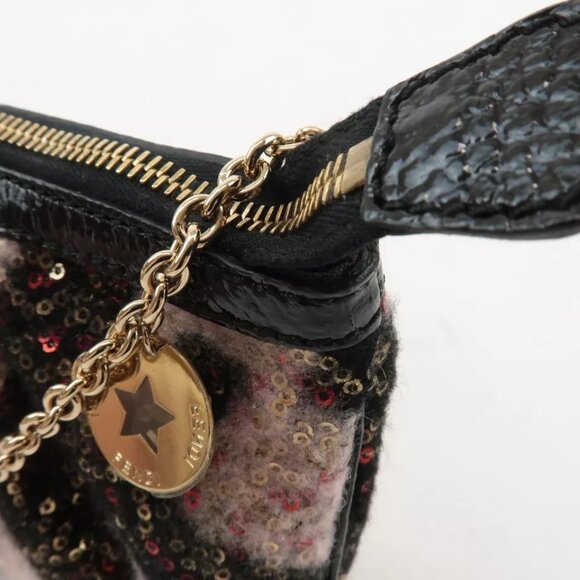 Authentic FENDI Zucca Sequins Chain Accessory Pouch Black Pink